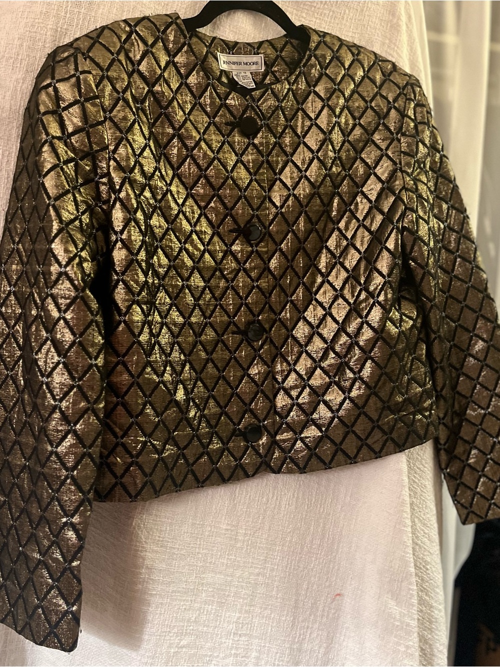 Jennifer Moore Gold Quilted Diamond-Pattern Cropped Blazer